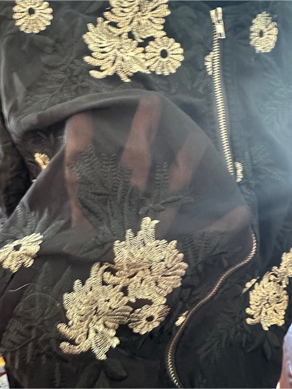 Sans Souci Black Sheer Bomber Jacket with Gold Floral Embroidery - Picture 4 of 9